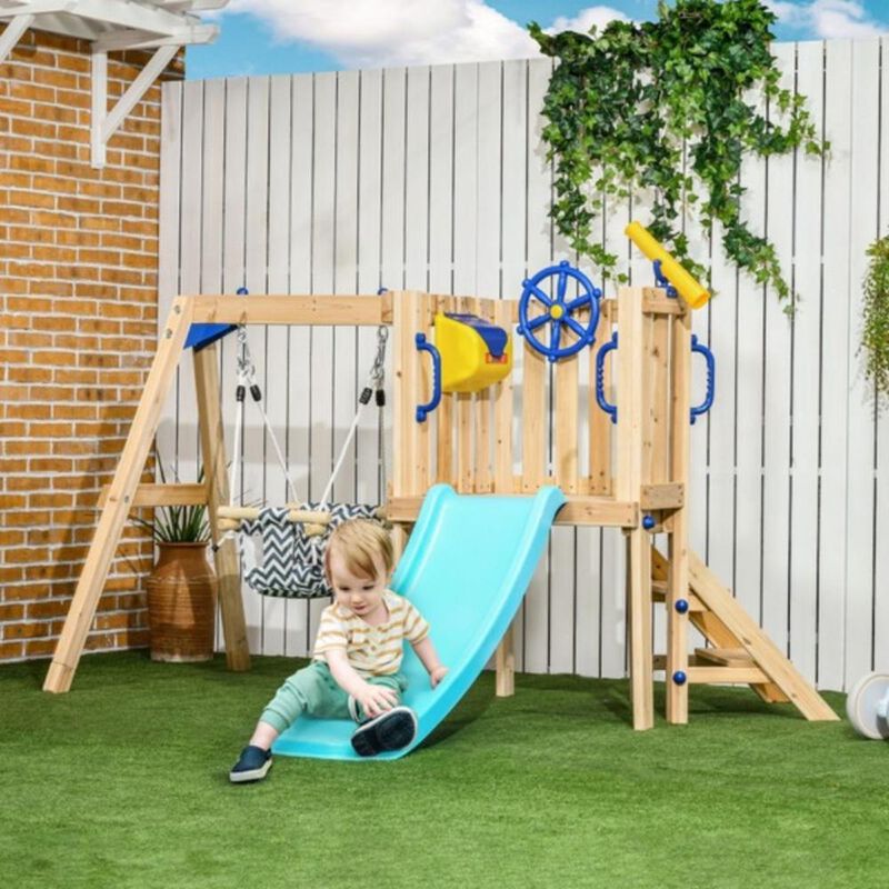Wooden Swing Set with Toddler Slide Outdoor Playset for Kids with Swing and Climbing Features