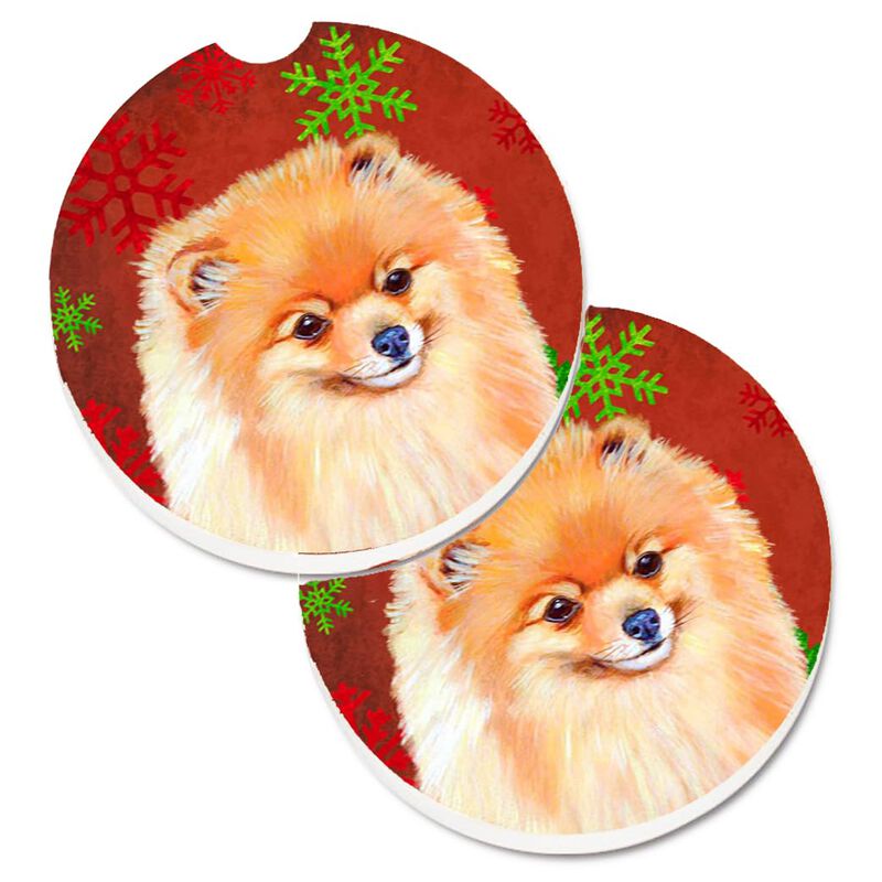 Caroline's Treasures Pomeranian Red & green Snowflakes Holiday Christmas Set of 2 Cup Holder Car Coasters LH9350CARC, 2.56, Multicolor image number 0