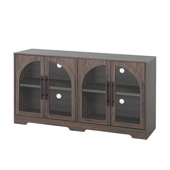 4‑Door Arched Glass Storage Sideboard, Rustic Buffet Storage Cabinet for Living Room Entryway
