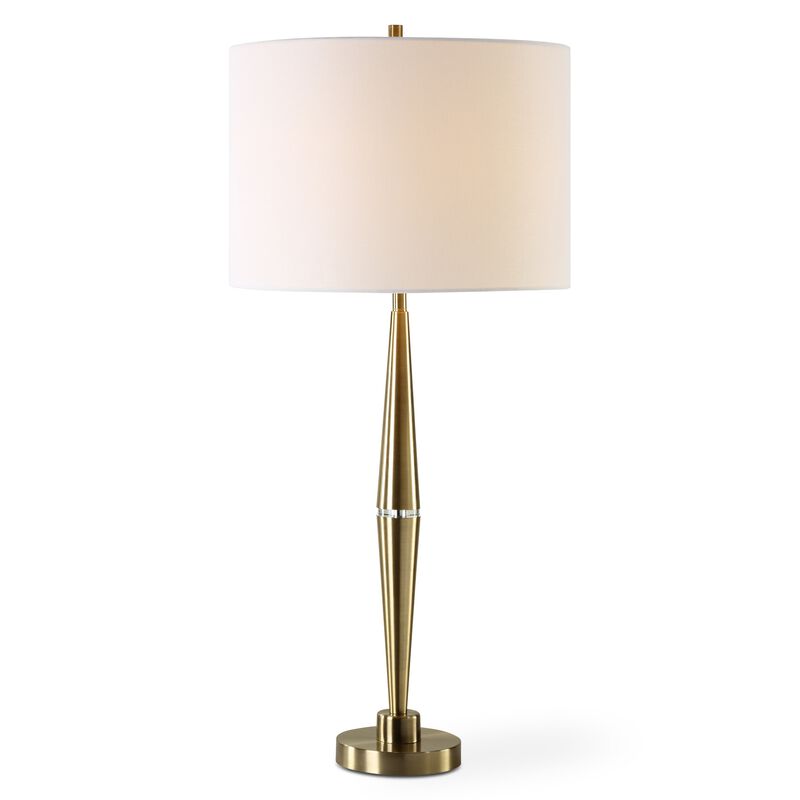 Modern Accent Table Lamp, White Linen Drum Shade, Gold Metal Tapered Base - Benzara