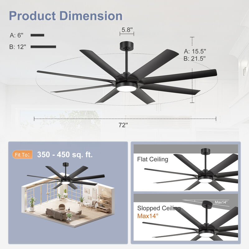 Breezary 72 Inch LED Ceiling Fan with Light,8 Blade, Remote Control, 6 Speeds, Quiet Indoor Fan image number 5