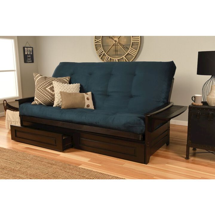 Phoenix Frame Queen-Espresso Finish-Suede Navy Mattress-Storage Drawers