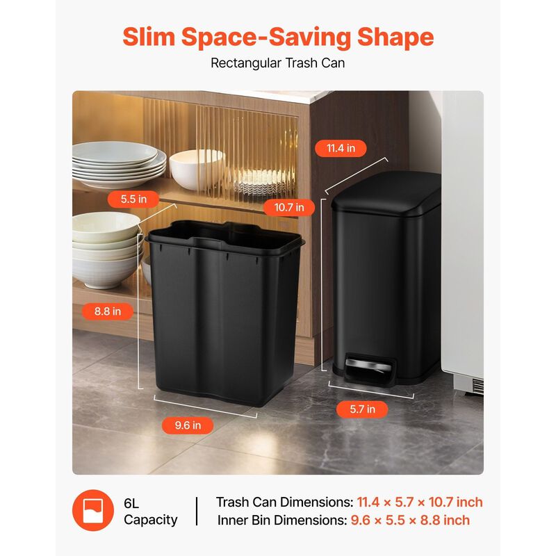 Slim Bathroom Trash Can, Steel Step Pedal Bin with Soft Close Lid - Black image number 7