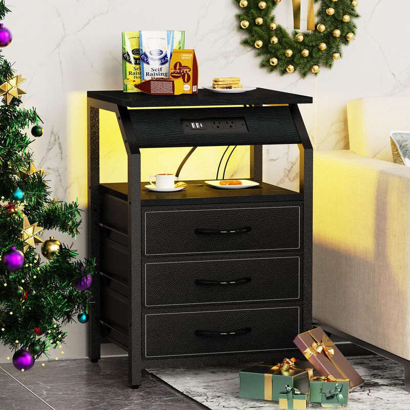SZLHANJZ End Tables Set of 2, Nightstands with Charging Station and LED Lights, 3 Drawers Fabric Dressers, Storage Side Tables f