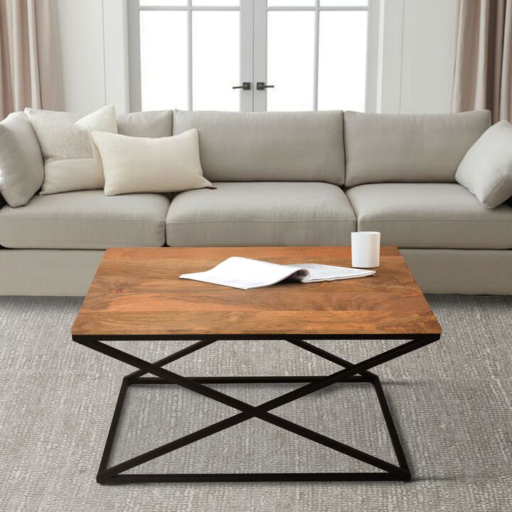 35 Inch Wooden Rectangle Coffee Table with X Shape Metal Frame, Brown and Black-Benzara