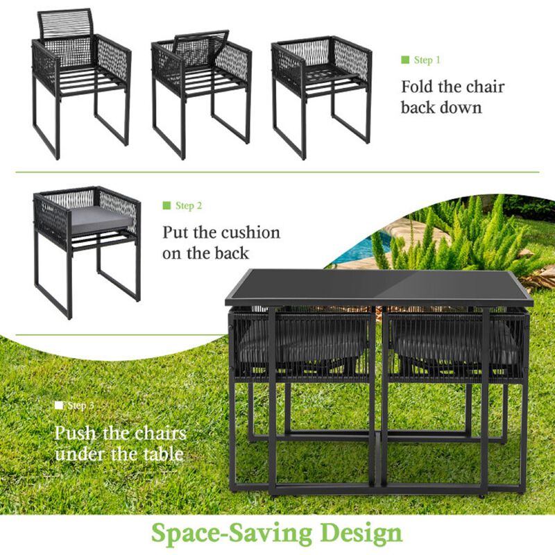 Mondawe 3Pcs Outdoor PE Rattan Dining Set,W/Glass Top Table&Cushioned Folding Chairs,Patio Furniture