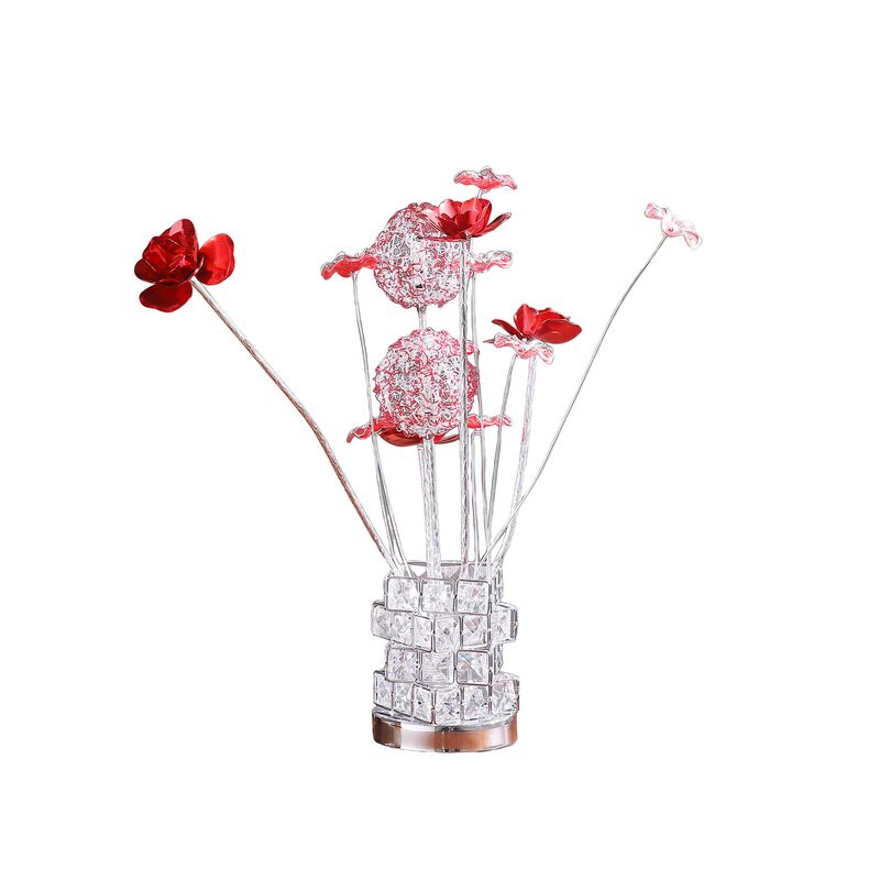 Accent Table Lamp, LED, Red Roses, Crystal Square Vase, Chrome 21 Inch - Benzara