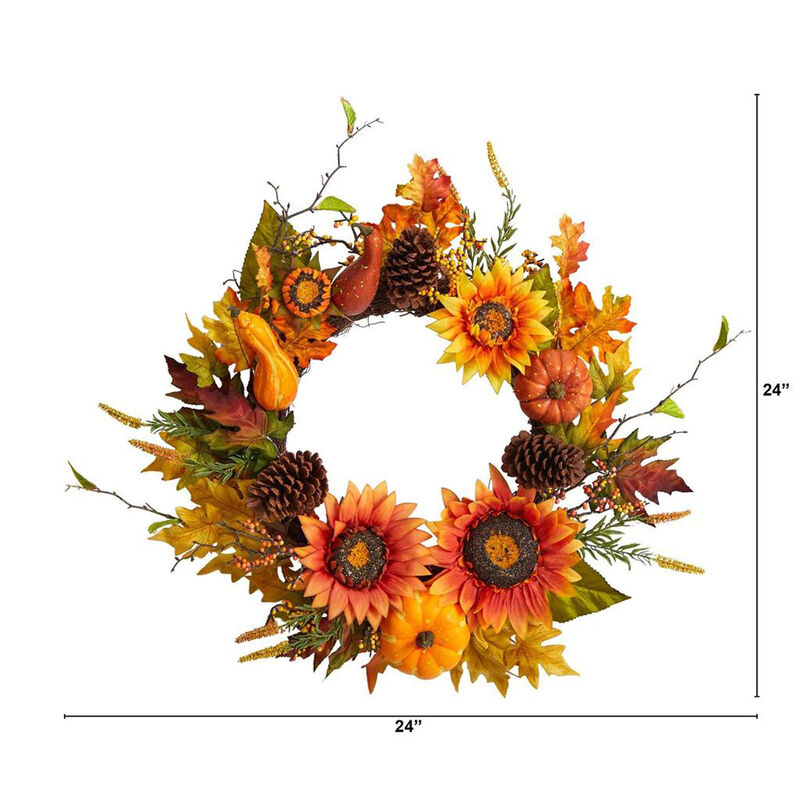 Nearly Natural 24-in Fall Sunflower, Pumpkin, Gourds, Pinecone and Berries Autumn Artificial Wreath