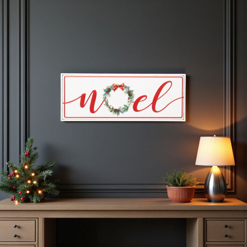 HomeRoots 7" X 19" White and Red Christmas Noel Metal Wall Decor image number 1