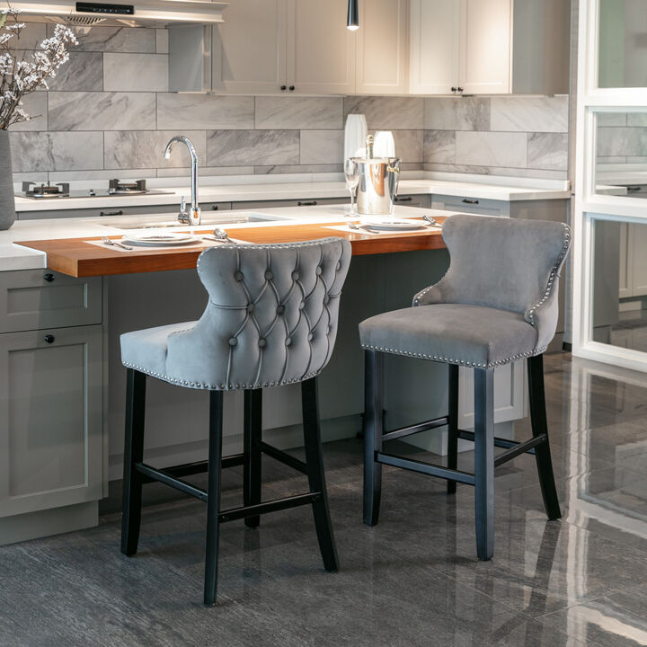 Streamdale Gray Velvet Wingback Bar Stools, Set of 2