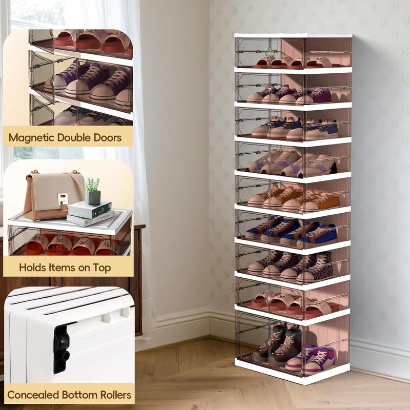 Entryway Wood Shoe Storage Cabinet Clear Foldable Rack Magnetic image number 1