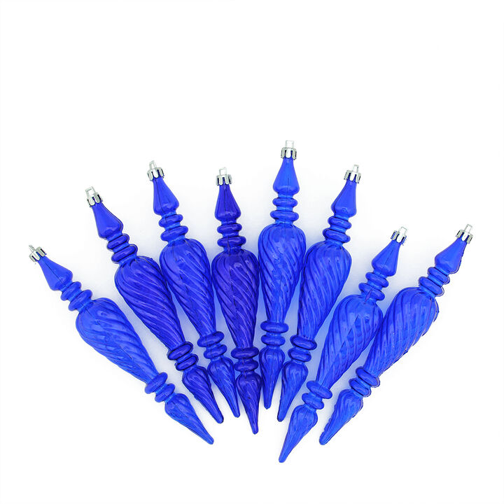 8ct Transparent Blue Shatterproof Spiral Finial Christmas Ornaments 7"