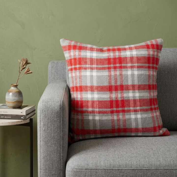 HomeRoots 16" Red and White Plaid Cotton Throw Pillow