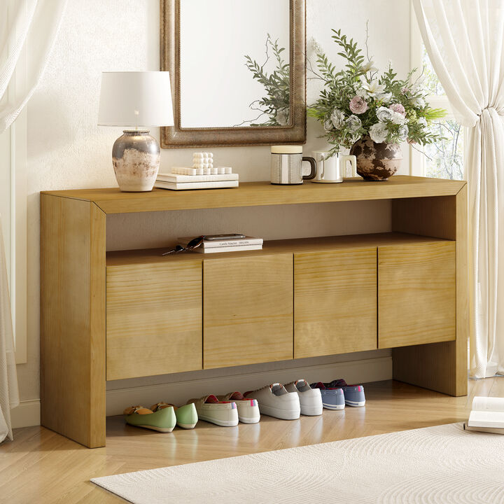 TATEUS 60" Minimalist 4-Door Sideboard &ndash; Solid Wood Veneer & Open Shelf Console