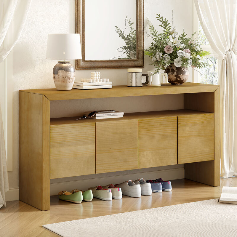 Merax Modern Minimalist Solid Wood Veneer Sideboard with Open Shelf