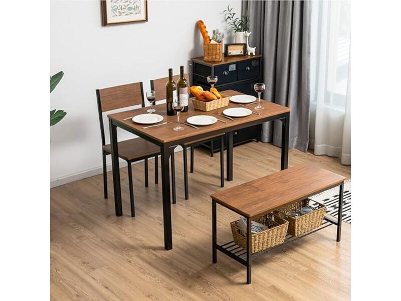 Dining Set &ndash; 4‑Piece Walnut Kitchen Table with Bench & Chairs, Metal Frame & Storage Rack image number 1