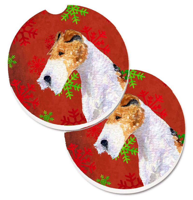 Caroline's Treasures Fox Terrier Red & green Snowflakes Holiday Christmas Set of 2 Cup Holder Car Coasters SS4685CARC, 2.56, Multicolor image number 0