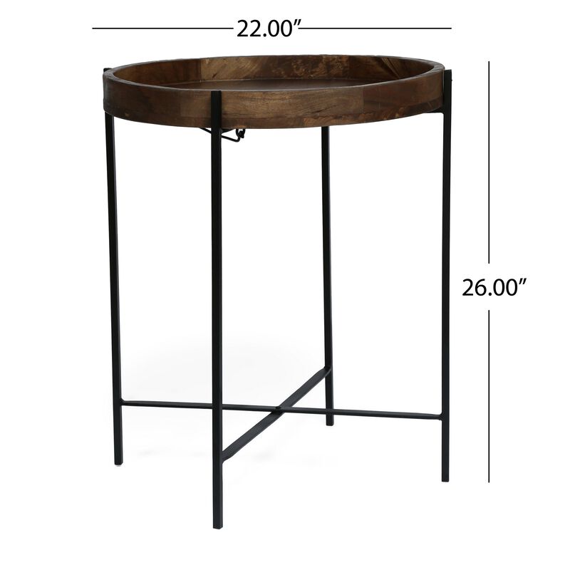 Peo Modern Side End Table, 22 Inch Round Wood Tray, Black Metal Base