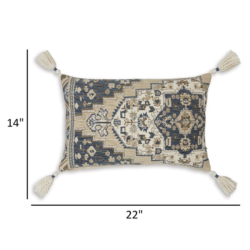 Zony 14 x 22 Lumbar Accent Pillow Set of 4, Boho Tassels, Medallion, Ivory - Benzara