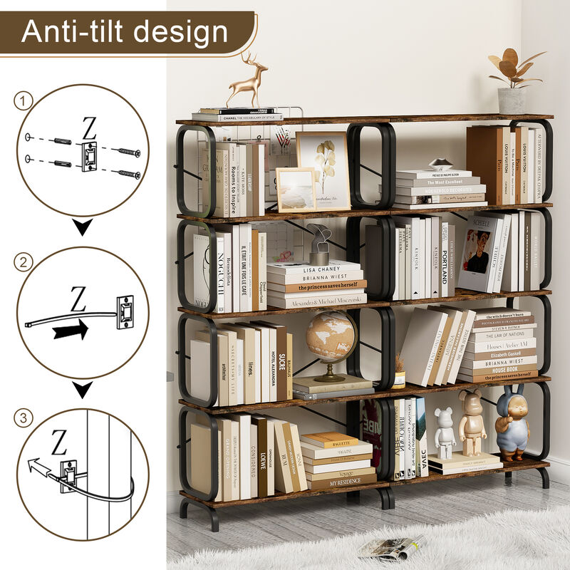 TATEUS 5-Tier Industrial Bookshelf for Home Office & Living Room