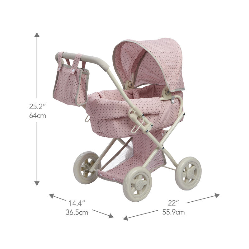 Olivia's Little World Polka Dot Princess Baby Doll Pram Stroller with Retractable Canopy & Storage, Pink/Gray