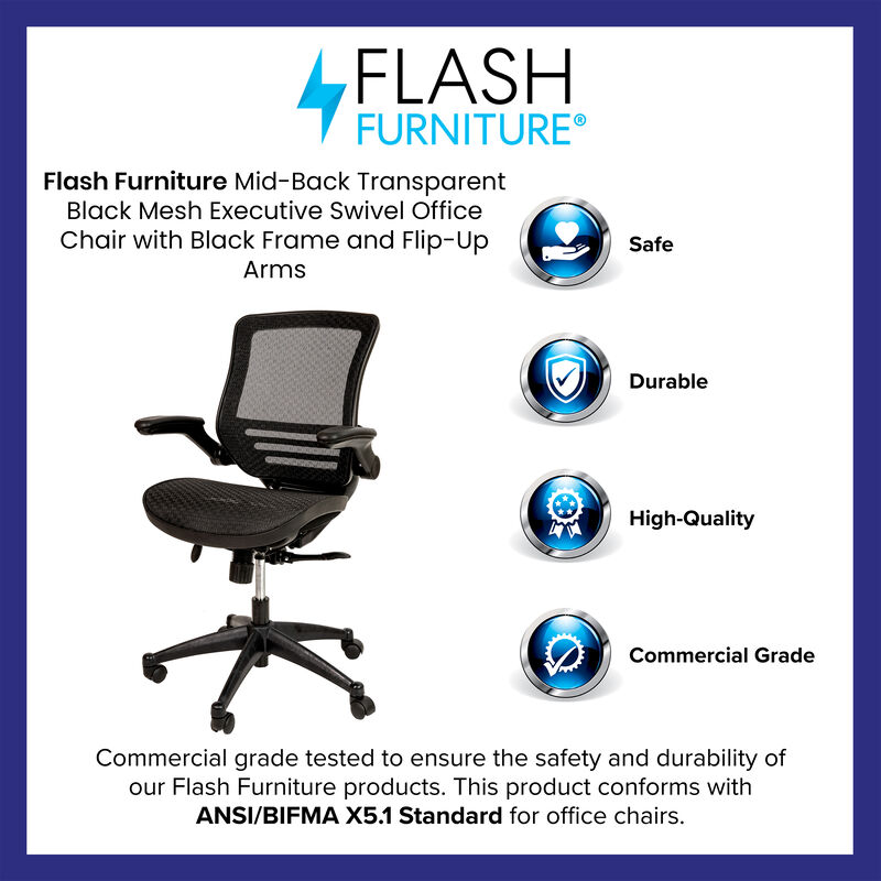 Warfield Mid-Back Transparent Black Mesh Executive Swivel Office Chair with Melrose Gold Frame and Flip-Up Arms image number 3