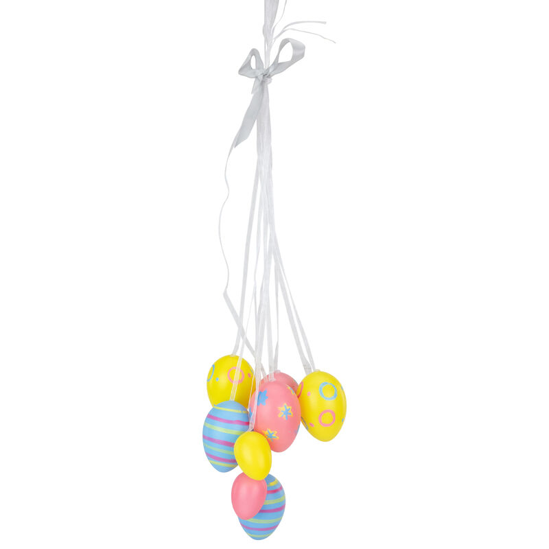 15" Pastel Pink  Yellow and Blue Floral Striped Spring Easter Egg Cluster Hanging Decoration