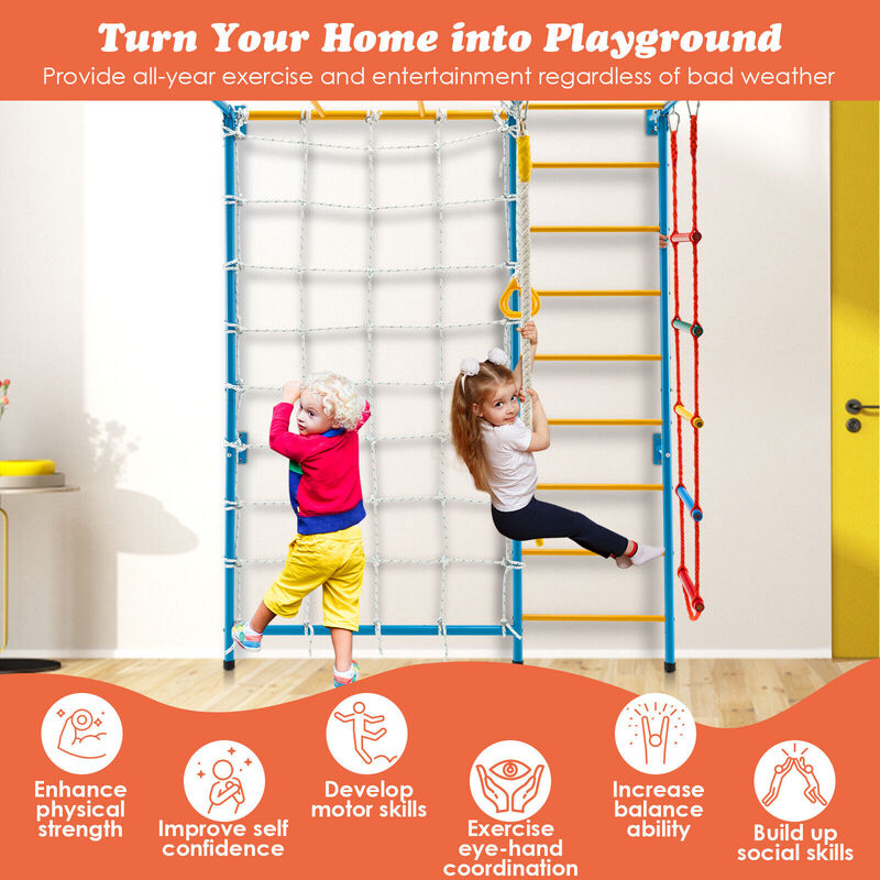 7-in-1 Kids Gym with Swedish Wall Ladder for Indoor Play and Activity image number 8