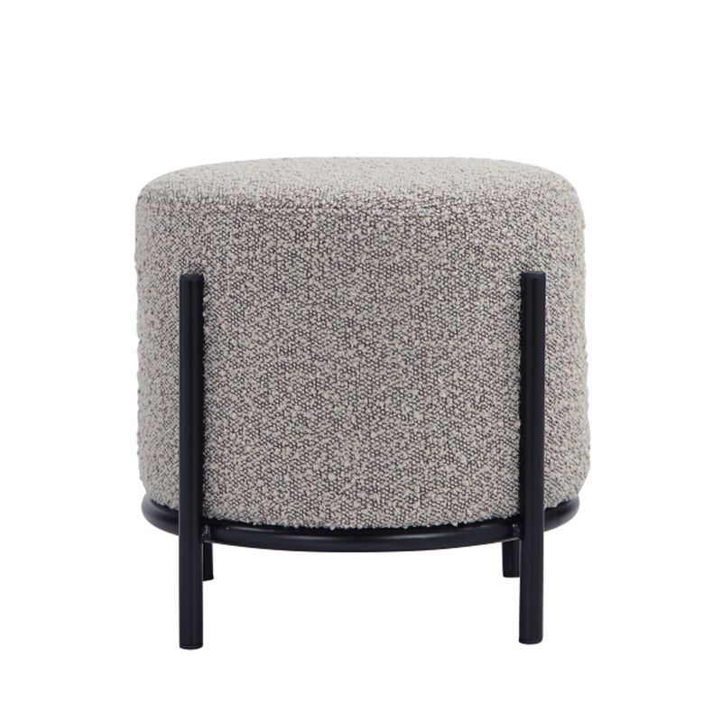 Aop 13 Inch Boucle Ottoman Stool, Round Cushioned Seat, Gray Boucle, Black - Benzara