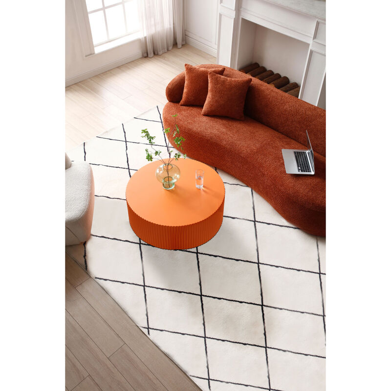 Stylish Round MDF Coffee Table with Handcraft Relief Design Bright Orange
