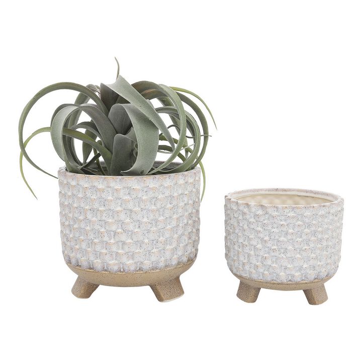Planter with Textured Design and Footed Base, Set of 2, Off White-Benzara