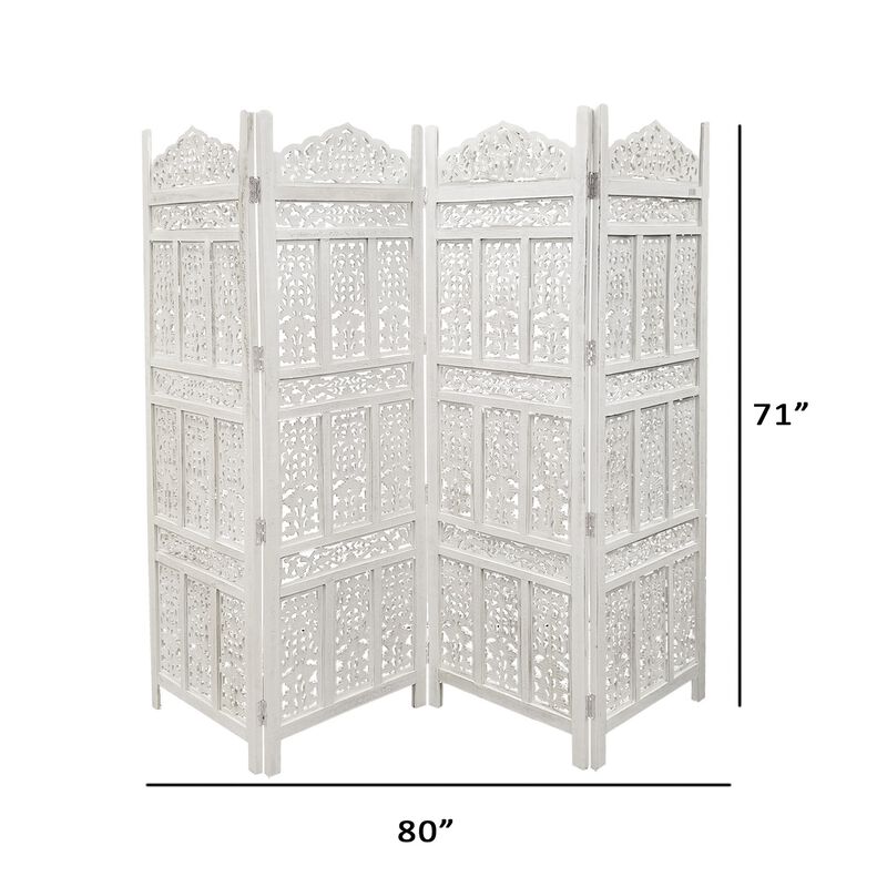 Aesthetically Carved 4 Panel Wooden Partition Screen/Room Divider, Distressed White-Benzara