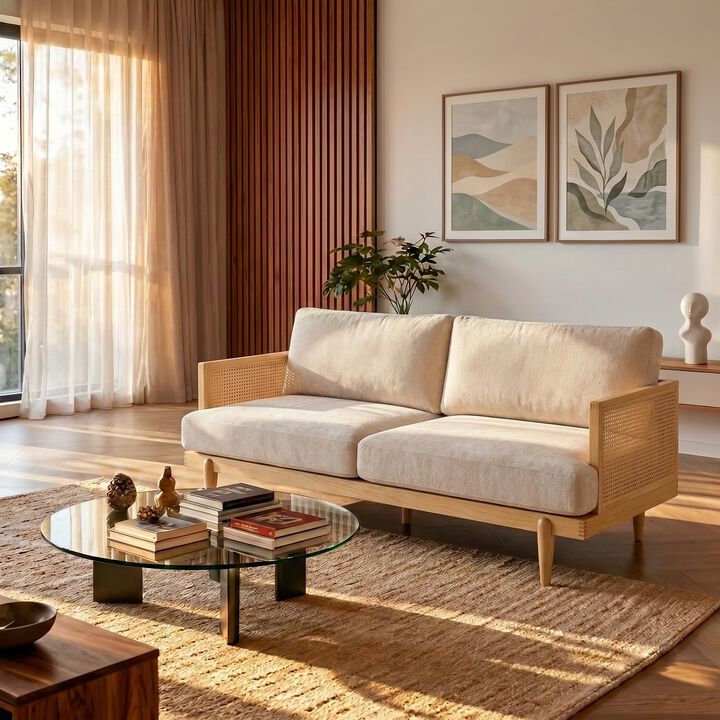 Merax Vintage Rattan Woven Fabric Sofa