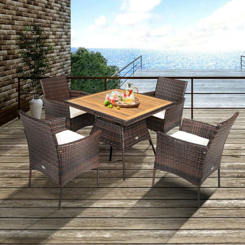 Hivvago 5-Piece Patio Dining Set with Wooden Tabletop and Comfortable Wicker Armchairs
