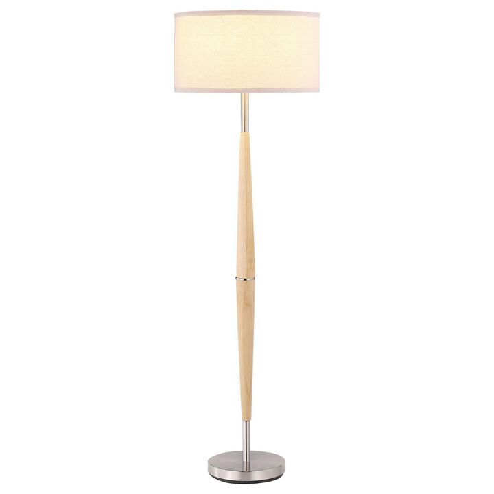 Nary Floor Lamp, 58 Inch Tapered Wood Stem, White Fabric, Chrome Metal - Benzara