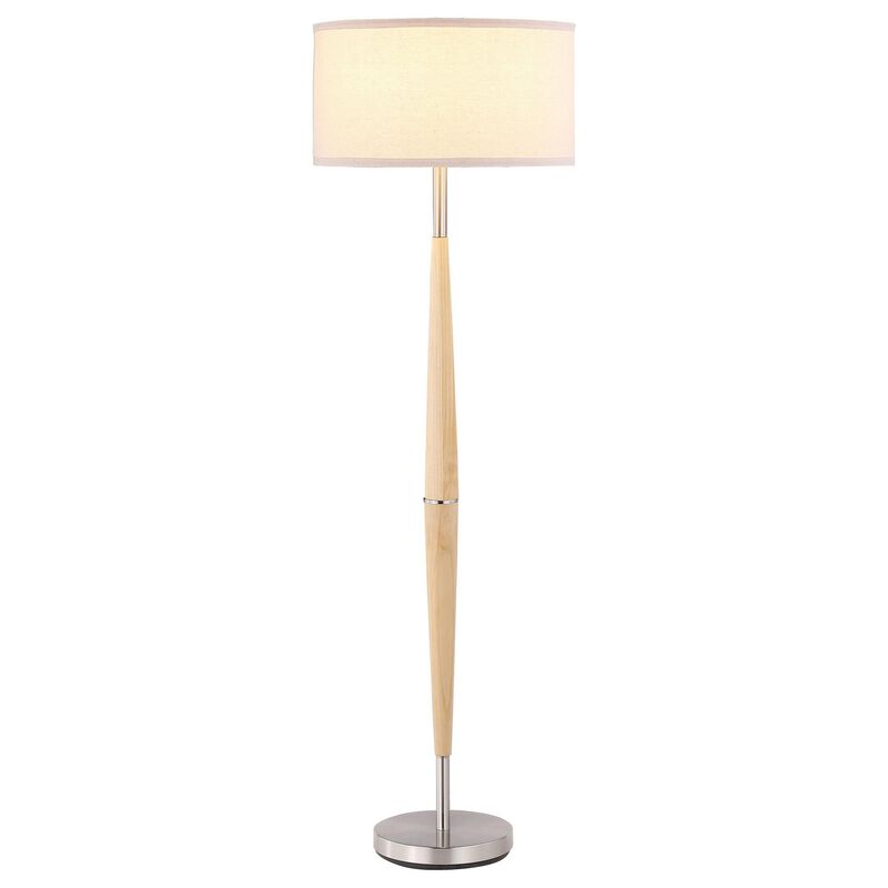 Nary Floor Lamp, 58 Inch Tapered Wood Stem, White Fabric, Chrome Metal - Benzara