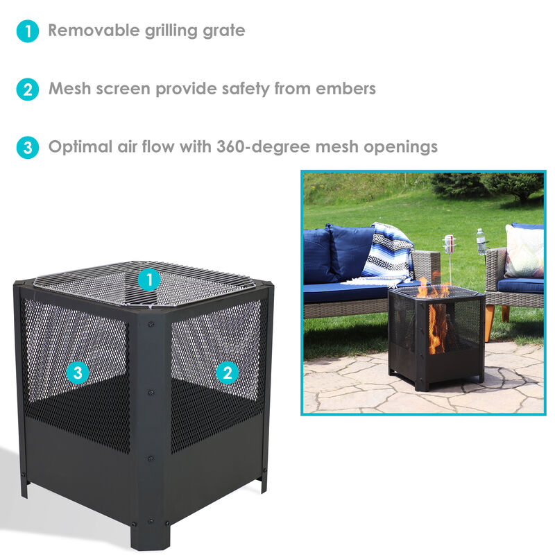 Sunnydaze 16 in Grelha Square Steel Fire Pit with Grilling Grate - Black