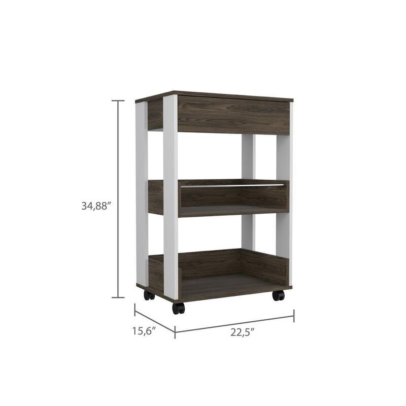 DEPOT E-SHOP Pillar Kitchen Cart, Four Caster Wheels, Three Shelves, Countertop-White Dark Walnut