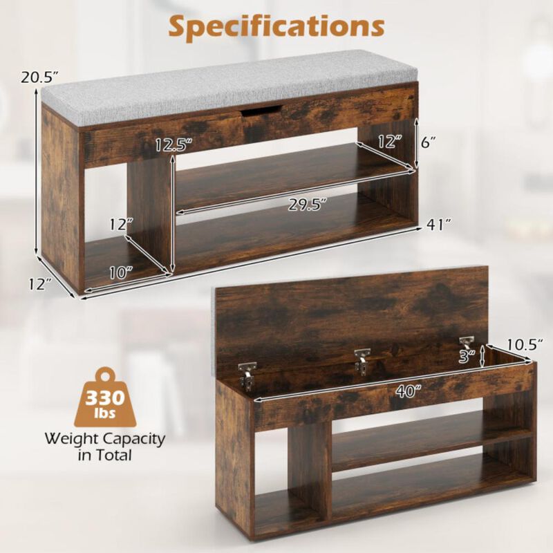 Hivvago Padded Seat Shoe Bench with Hidden Storage and 3 Open Shelves
