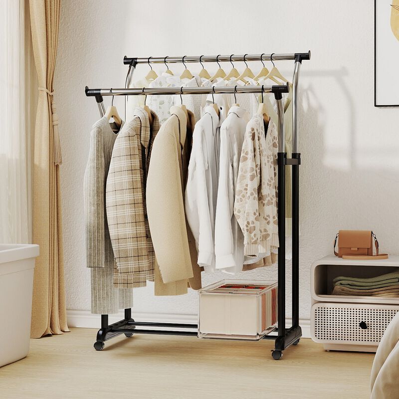 Double Rod Garment Rack with Wheels, Adjustable Height Rolling Clothes Organizer-Silver image number 3