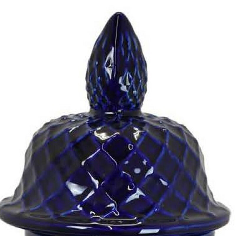 Livie 20 Inch Temple Ginger Jar, Geometric Design, Dome Lid, Ceramic, Blue - Benzara