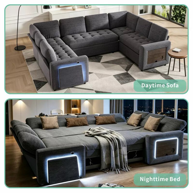 102" 8-Seat U-Shaped Modular Sectional Sleeper Sofa with Pull Out Bed, Chenille Reclining Backrests image number 9