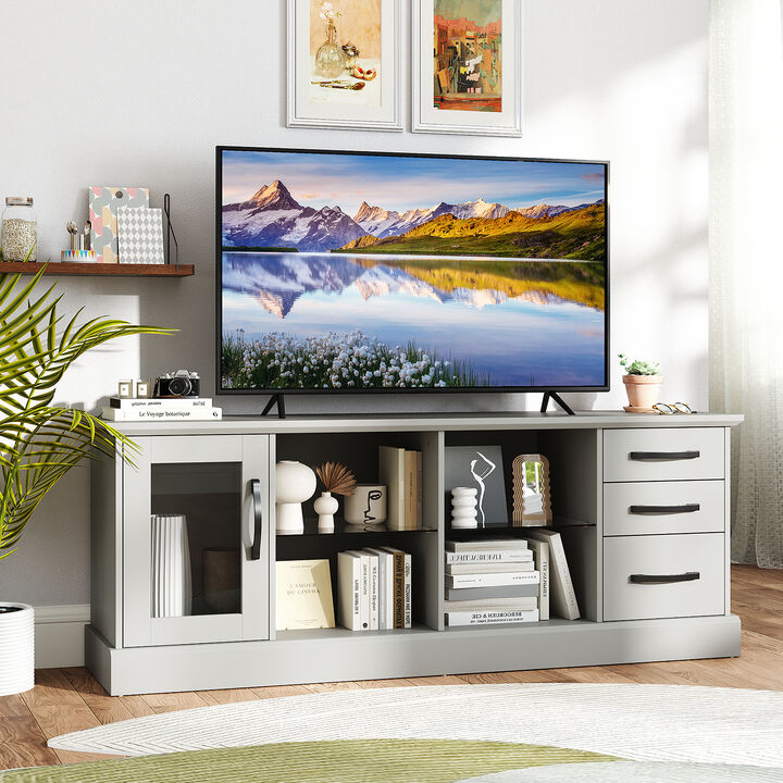 Media Console Table with 3 Drawers and 2 Glass Shelves for Stylish TV and Media Storage