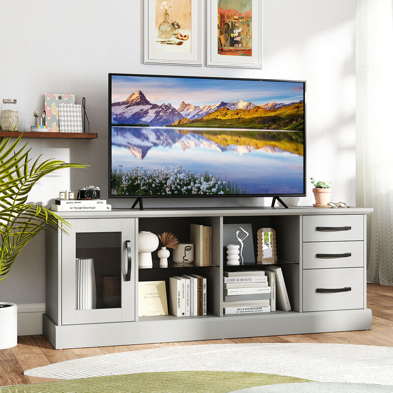 Media Console Table with 3 Drawers and 2 Glass Shelves for Stylish TV and Media Storage