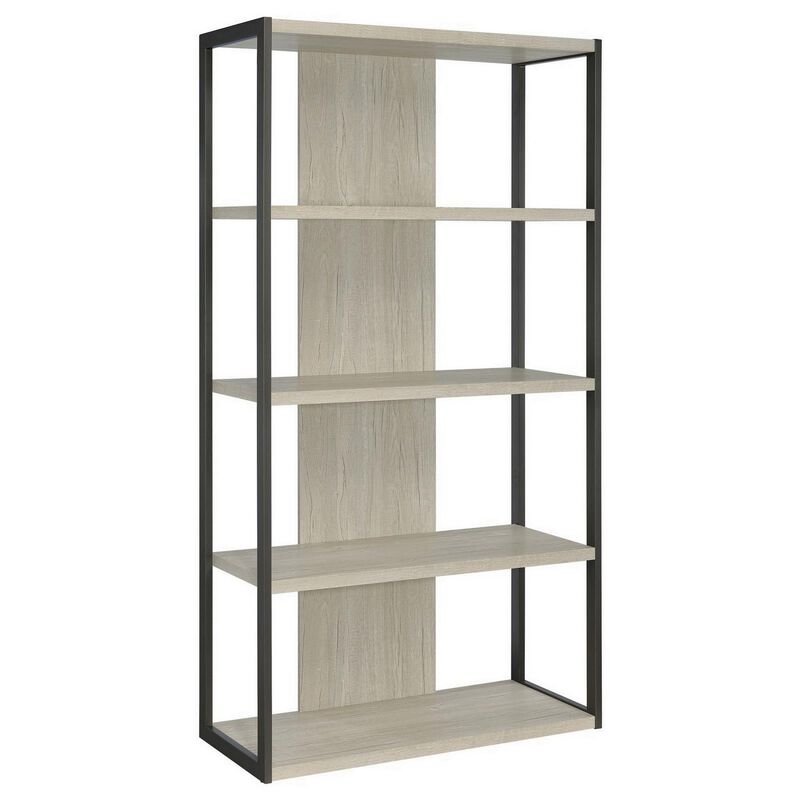 Dela 72 Inch Freestanding Bookcase, 4 Wooden Shelves, Whitewashed Gray