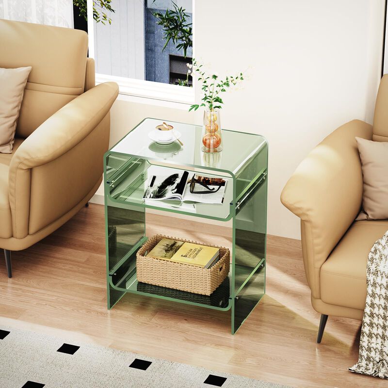 Acrylic Record Player Table with Storage Shelf, Clear Side Table Nightstand (Green)