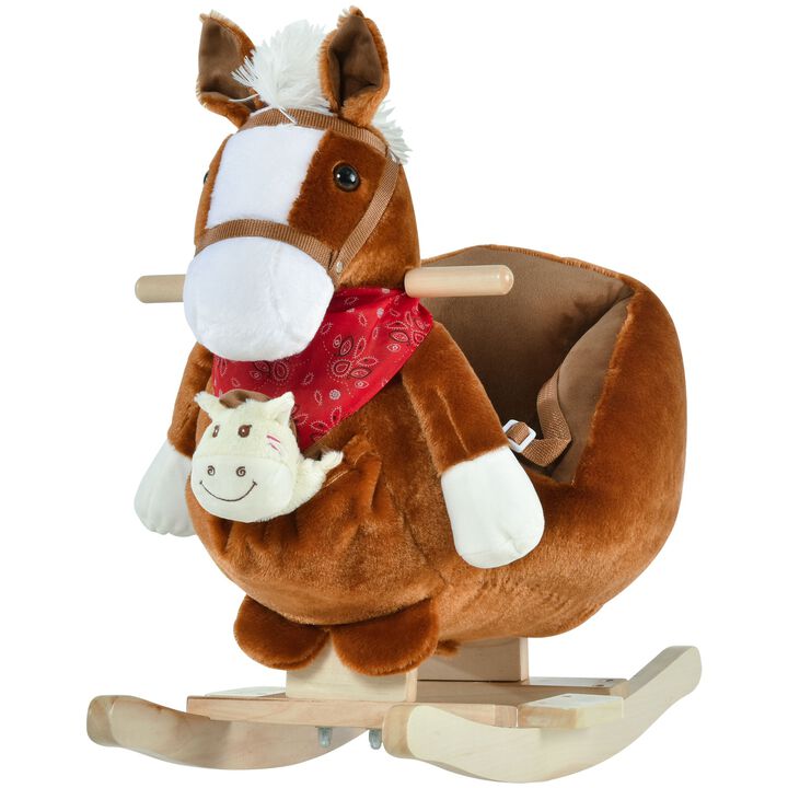 Kids Ride-On Rocking Horse Toy Rocker with Fun Song Music & Soft Plush Fabric for Children 18-36 Months - Brown