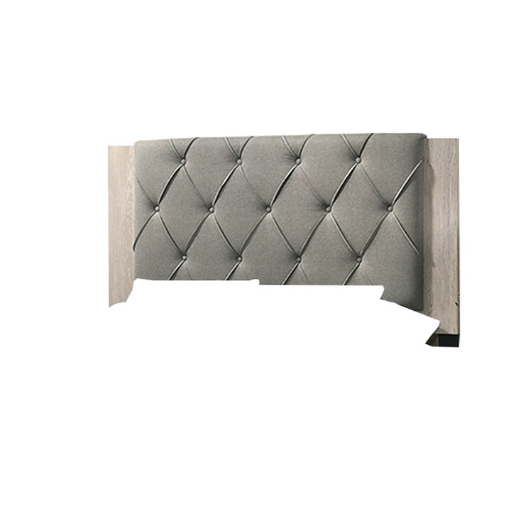 Wooden California king Bed with Button Tufted Headboard, Gray and Cream - Benzara