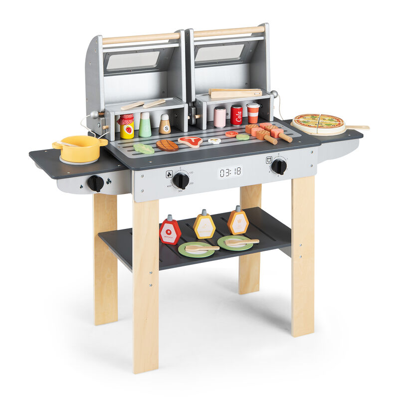 Kids Pretend BBQ Grill Set with Wooden Grill Tools and Play Food Accessories-Grey image number 0