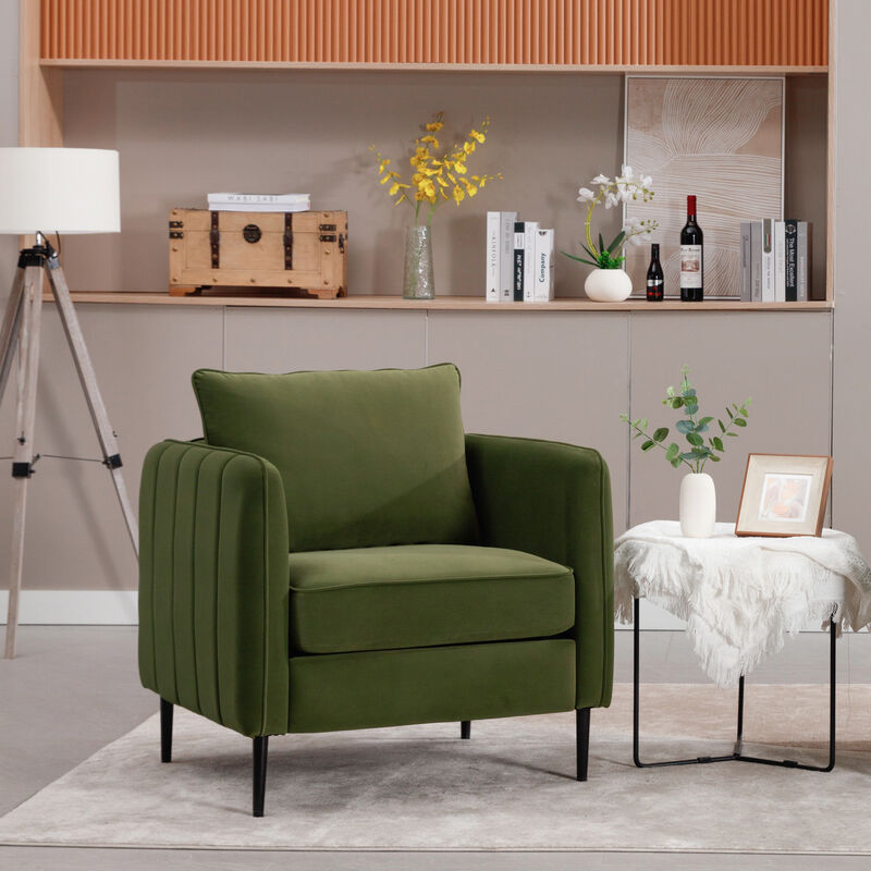 GOODSILO Mid-Century Modern Velvet Accent Chair Comfy Single Armchair with Pillow and Metal Legs for Living Room Bedroom Office image number 3